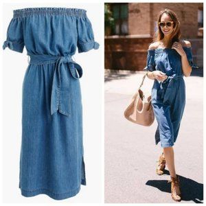 J.Crew Chambray Tie Waist Off The Shoulder Puff Sleeve Midi Dress